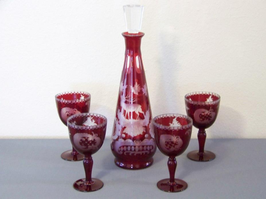 decanter set red cut to clear glass Elk scene crest 4 stem glasses Bohemian