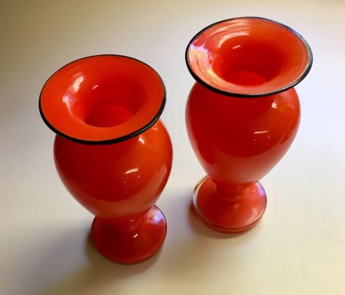 2- ART DECO Made in Czechoslovakia Tango Red Glass With Black Rim 6 1/2” Vases.