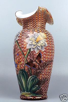 Large & Fine Stevens & Williams Enamel Decorated Northwood Pull Up Glass Vase GL