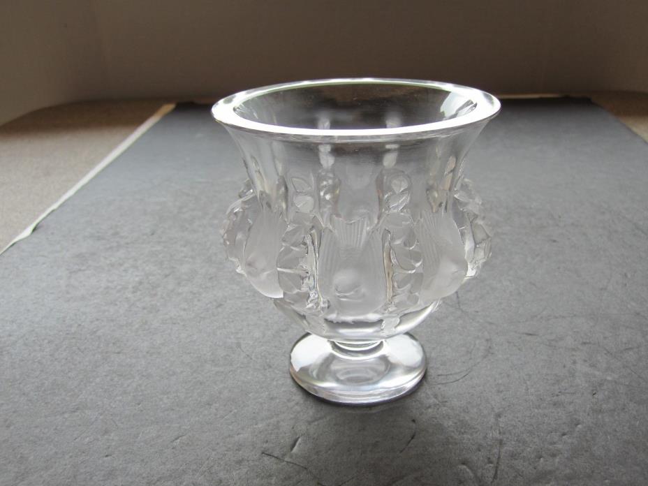 VTG Signed Lalique France Crystal Dampierre Sparrow Birds Art Glass Vase