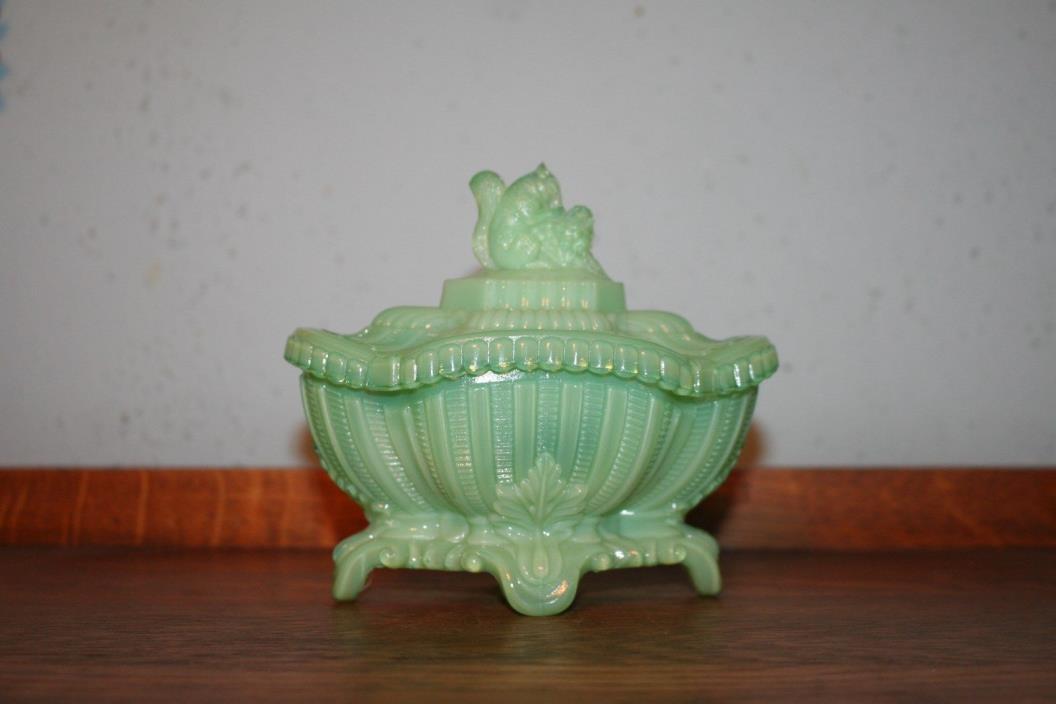 Antique French Portieux Vallerysthal Mint Green Opaline Candy Dish, Squirrel Top