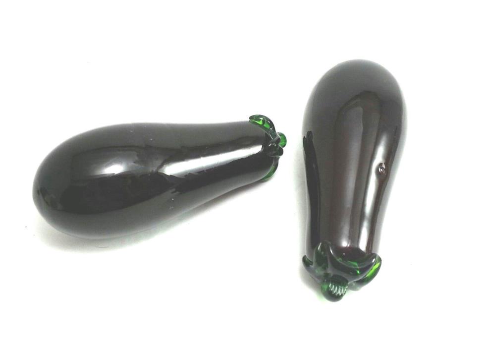 Murano Style Blown Glass Eggplant Vegetable Deep Purple Lot Of 2