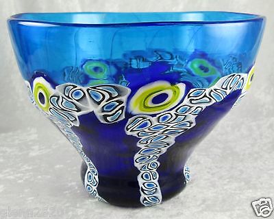 Fratelli Toso Murano Italy Art Glass Bowl Blue Yellow Murrina Cane 5.5H x 7inchW