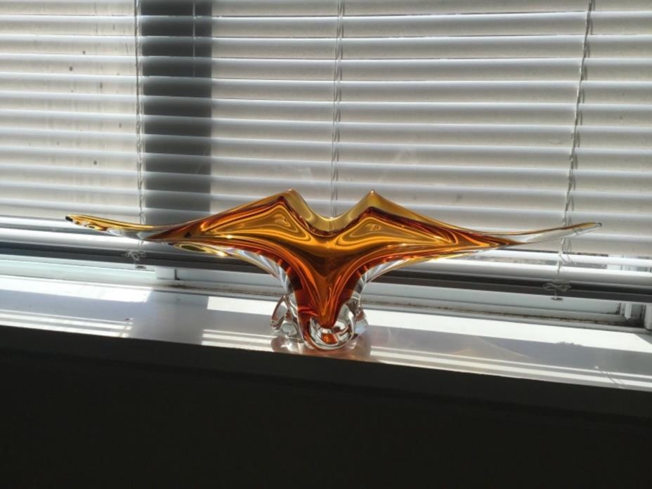 Mid century Canadian art glass, large amber blown & stretched glass centrepiece
