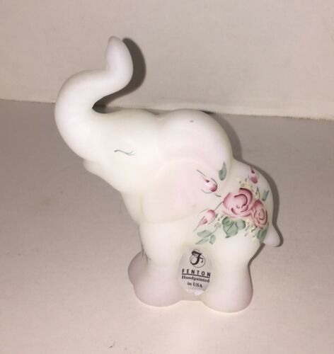 FENTON Art Glass Hand Painted Elephant Figurine Floral Flowers USA Signed Label
