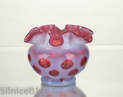 Vintage Fenton Cranberry Art Glass Coin Dot  Ruffled Rose Bowl Vase