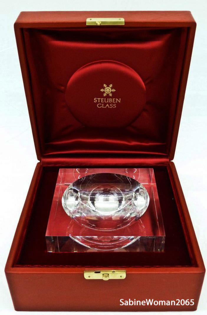 NEW RED BOX STEUBEN Glass CIRCLE in a SQUARE ornament planet prism paperweight