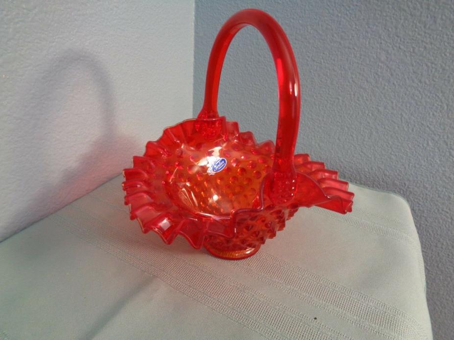 FENTON HOBNAIL GLASS HANDLED BASKET RUFFLE EDGES  WITH STICKER EXCELLENT