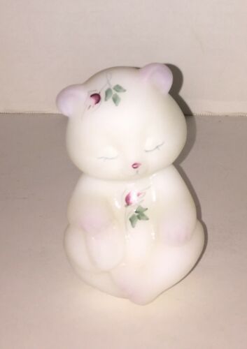 FENTON Art Glass Hand Painted Bear Figurine Floral Flowers Signed Label