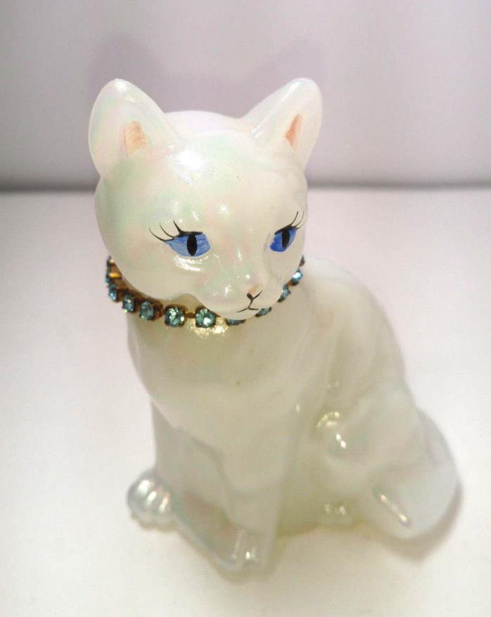 Fenton White Opal Iridescent Cat Figure With Blue Rhinestone Necklace