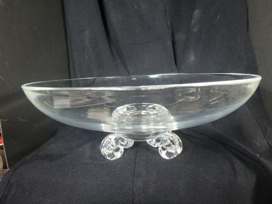 STEUBEN Glass Bowl by JOHN DREVES 7909 Scrolled Feet Mid Century Crystal 11