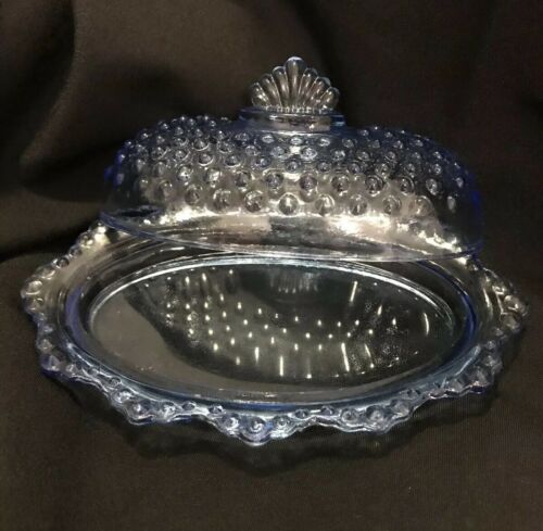 Vintage Fenton Blue Hobnail Oval Covered Butter Dish Excellent Pre-used