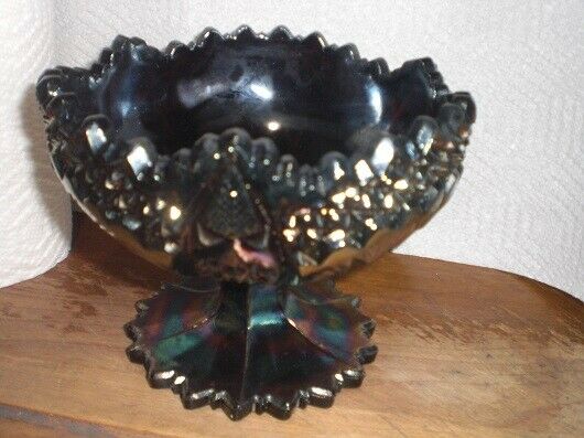 Fenton purple Carnival Glass Compote Footed Bowl Candy Dish Starburst Pinwheel