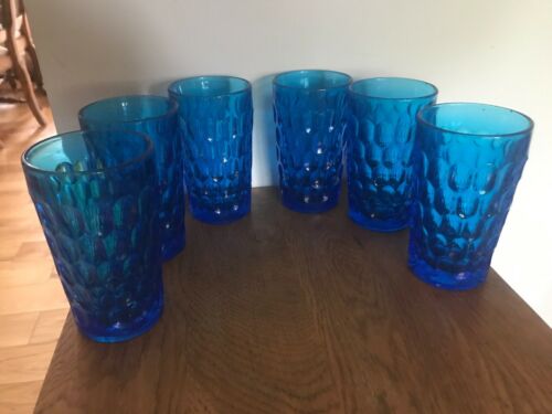 Fenton Cobalt Blue Thumbprint 12 Oz Water Glasses. Set Of 6 Stamped FENTON