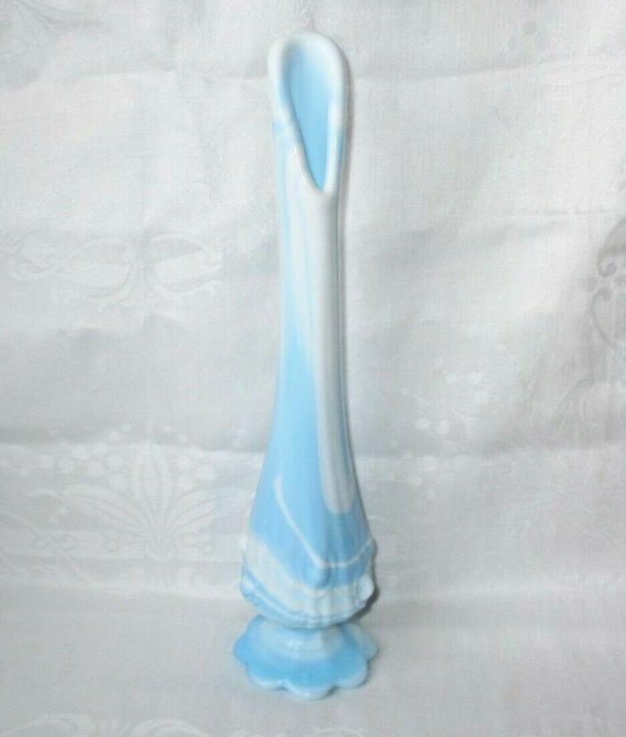 Fenton Light Blue White Slag Glass Stretch Swung Footed Bud Vase Cabbage Rose