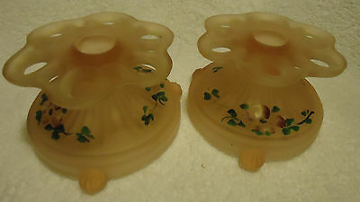 SET OF FENTON FROSTED CANDLE HOLDER/FLOWER HOLDER..HAND PAINTED