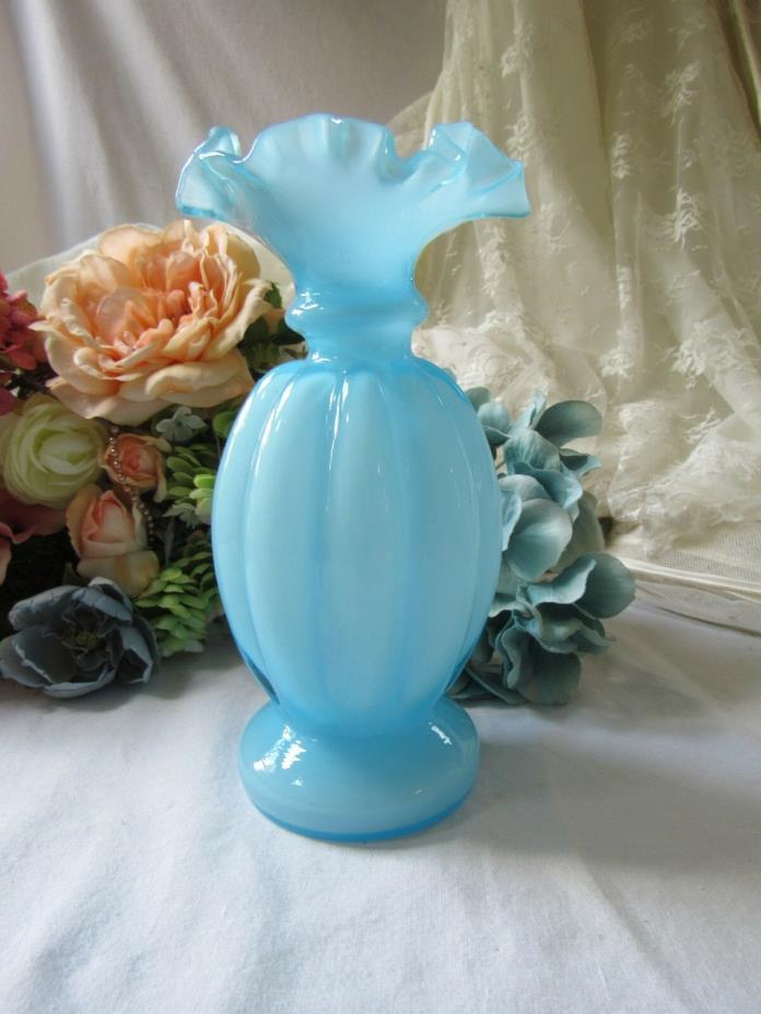 Vintage Fenton,Blue Overlay,tall vase,Bridal Gift,Ruffled Vase,Art Glass, 