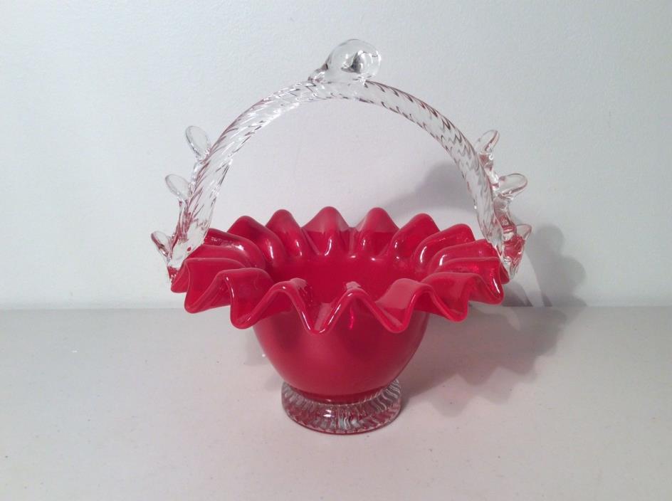 VINTAGE FENTON RED RUFFLED EDGE CLEAR HANDLED BASKET