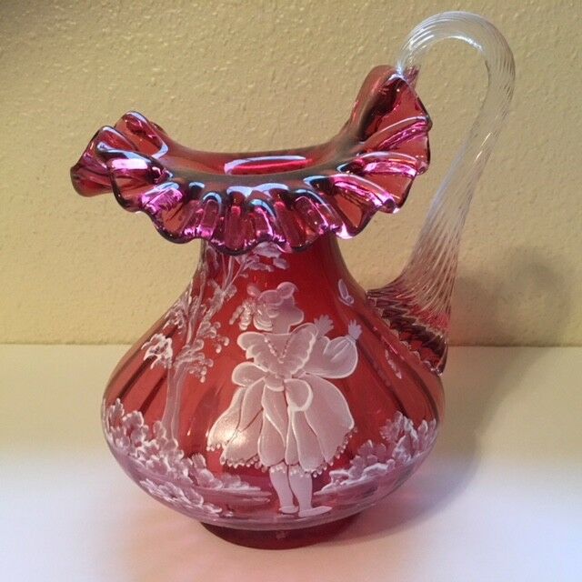 FENTON Cranberry Mary Gregory Ruffled Glass Pitcher Girl Butterfly #1293 Signed