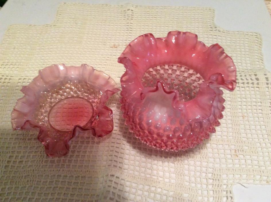 Fenton Cranberry Opalescent Hobnail Ruffle Vase & Dish