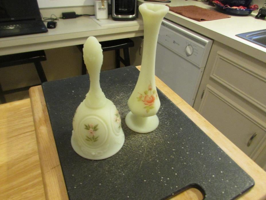 TWO FENTON CUSTARD BELL AND BUD VASE  HAND PAINTED AND SIGNED   BEATUFIL