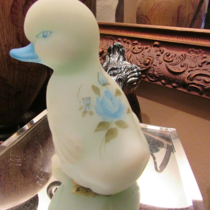 BEAUTIFUL FENTON BLUE ROSES ON BLUE SATIN   HAND PAINTED AND SIGNED  DUCK