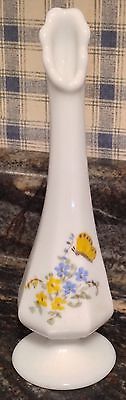 VINTAGE HAND PAINTED FENTON MILK GLASS BUD VASE BUTTERFLY FLORAL CHARLOTTE SMITH