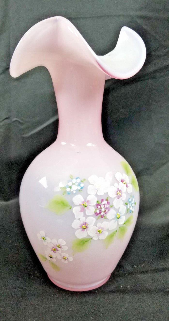 Fenton Art Glass Hydrangeas on Rosemilk Overlay Vase Artist Signed