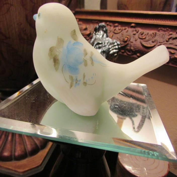 BEAUTIFUL FENTON BLUE ROSES ON BLUE SATIN   HAND PAINTED AND SIGNED  BIRD