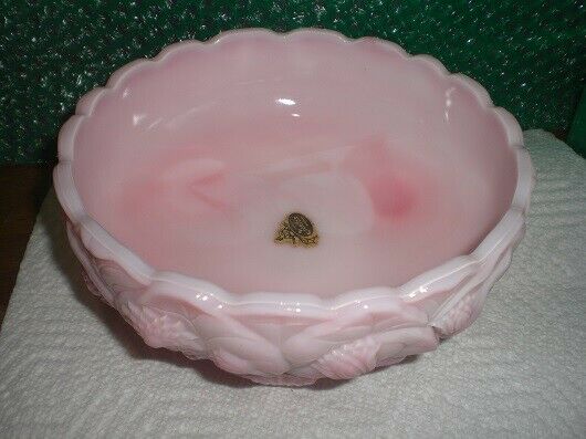 Fenton White and pink swirled glass footed candy bowl with original label
