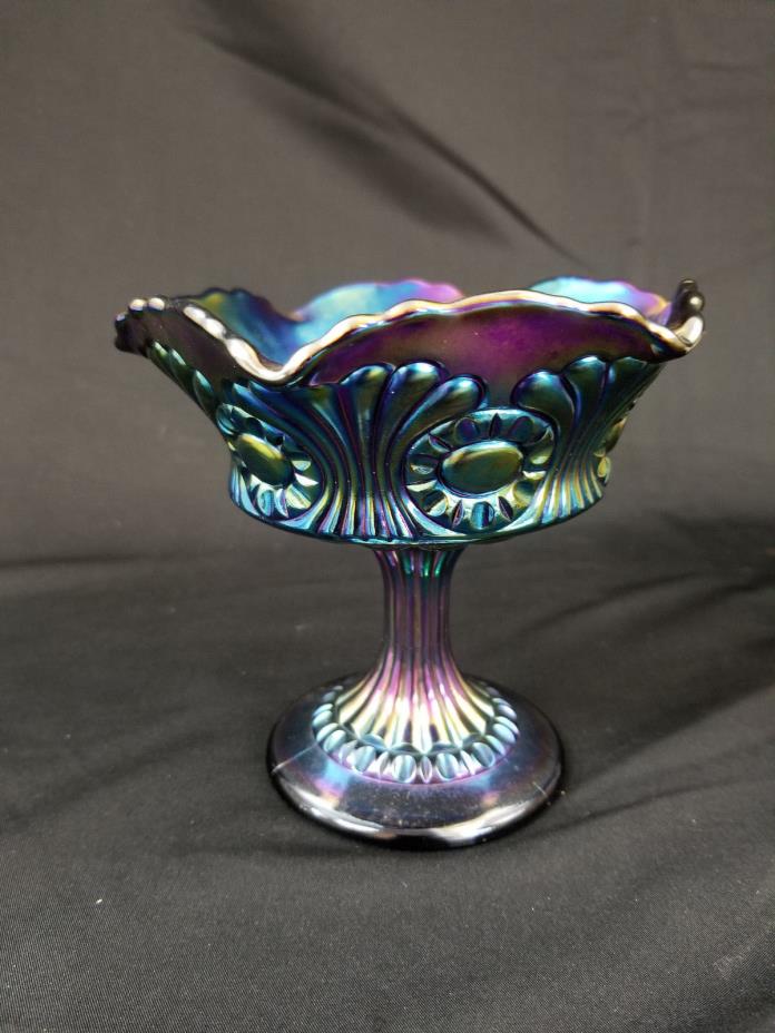 Electric FENTON Art Glass SCROLL & EYE Comport Compote AMETHYST CARNIVAL Candy