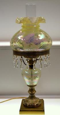 Fenton Lamp YELLOW TOPAZ drapery Oplsct w Fount HYDRANGEAS Prisms 2000TP w/BOX