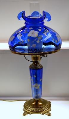 Fenton Lamp COBALT BLUE Table w FOUNT Golden Flax on Cobalt 23