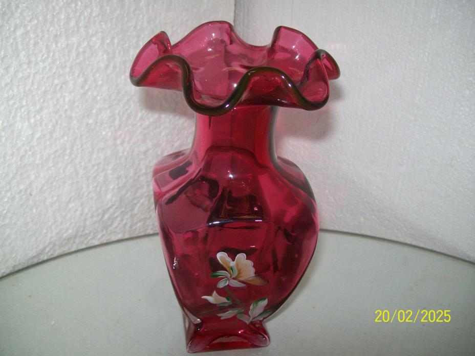 Fenton 1999 Pansies on Cranberry # 1643 CW Square Vase