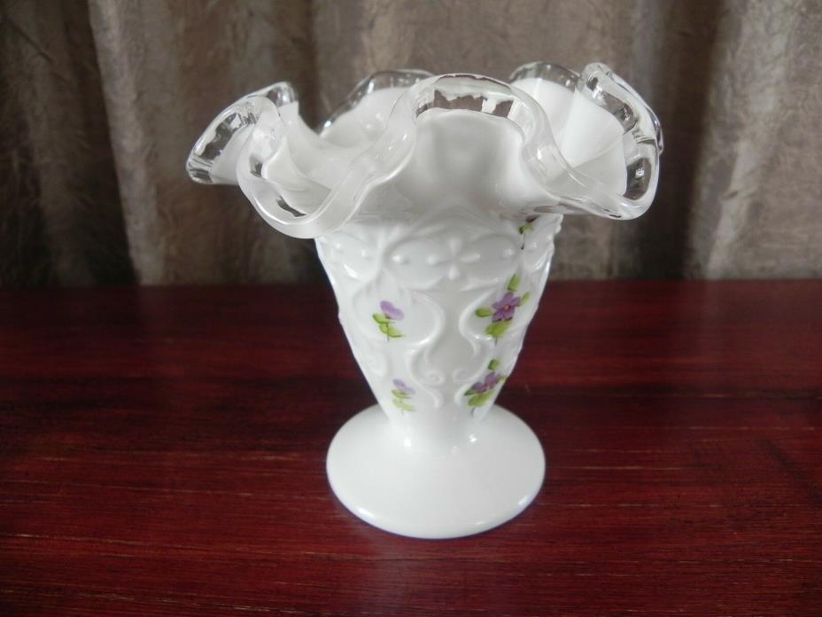 Fenton Hand Painted Milkglass Clear Glass Ruffle Vase Signed