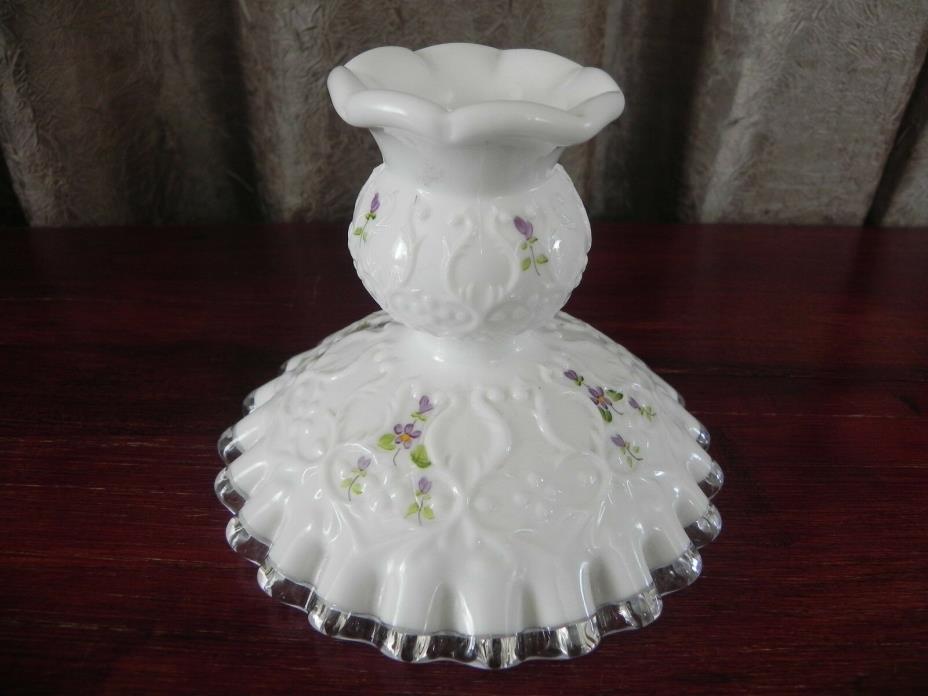 Fenton Hand Painted Milkglass Clear Glass Candle Holder Signed