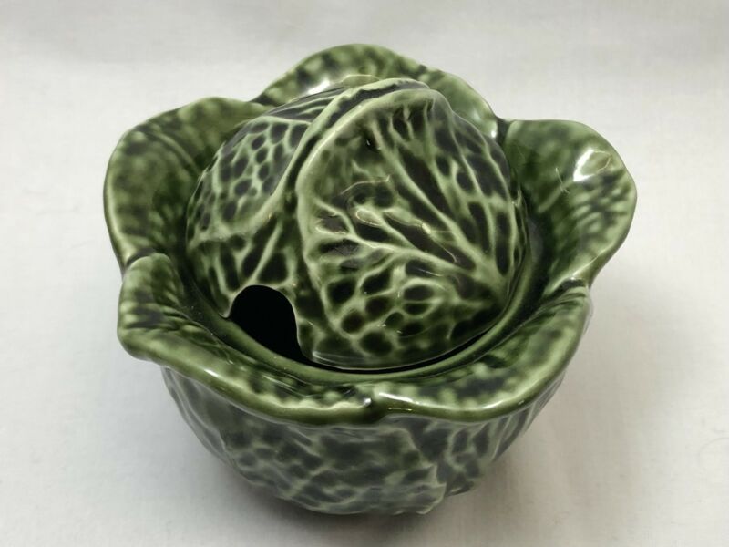 Olfaire Majolica Portugal Green Cabbage Leaf Lidded Bowl Sugar Condiment