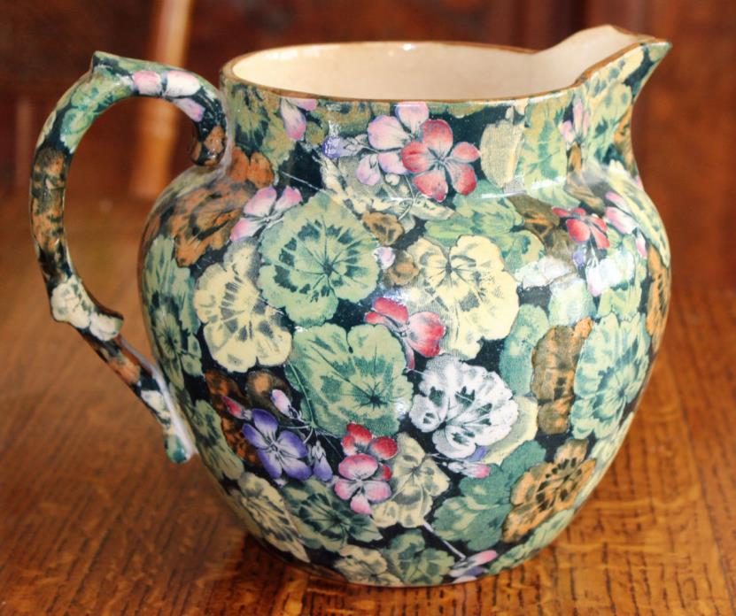 Large Antique Buffalo MultiColor Geranium Pitcher Chintz 1907 Semi-Vitreous Rare