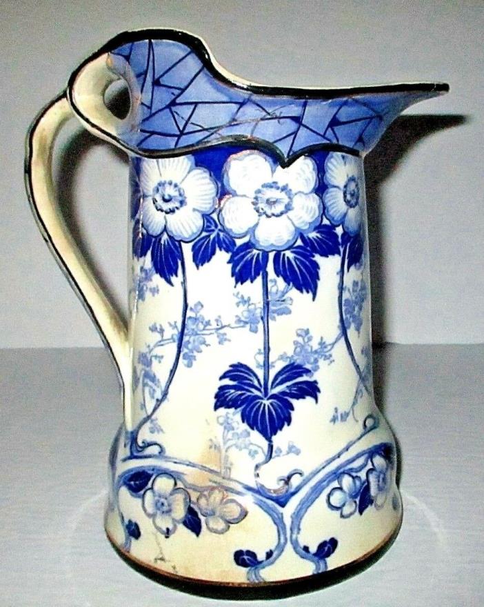 RARE 1908 Buffalo Pottery Art Neveau Pitcher Antique Art Nouveau Blue Floral Jug