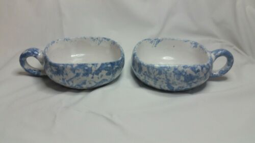 Two Bybee Pottery Bowls Blue Sponge Ware Vintage