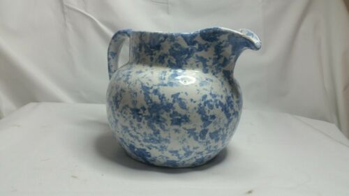 Vintage BYBEE Pottery Blue and White Large Spongware Pitcher, Ball Shaped