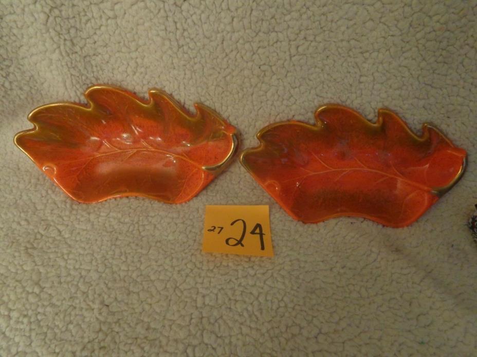2 California Pottery Leaf Dish/Ashtray  Orange, Green w/Gold Trim 800 USA 70's