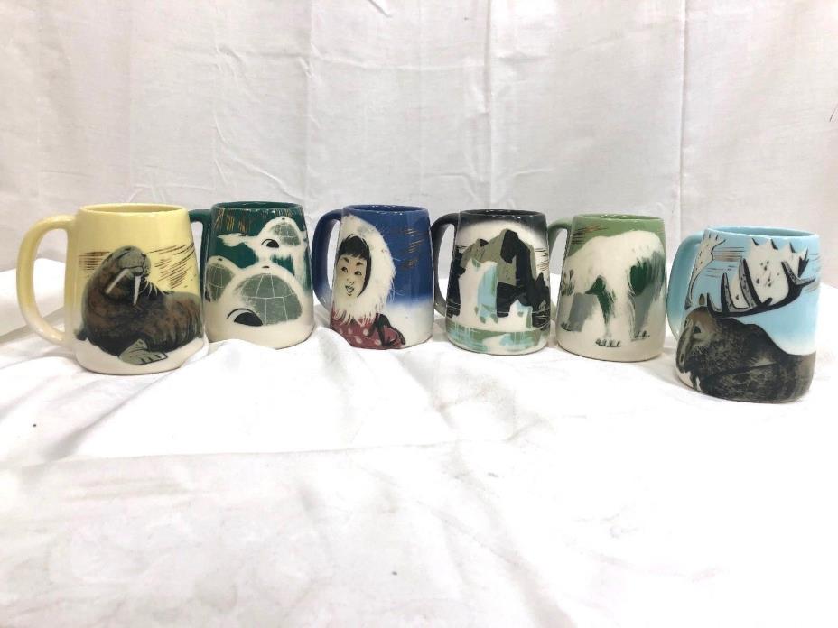 MATTHEW ADAMS  signed ALASKA Pattern  Set of 6 large ceramic mugs