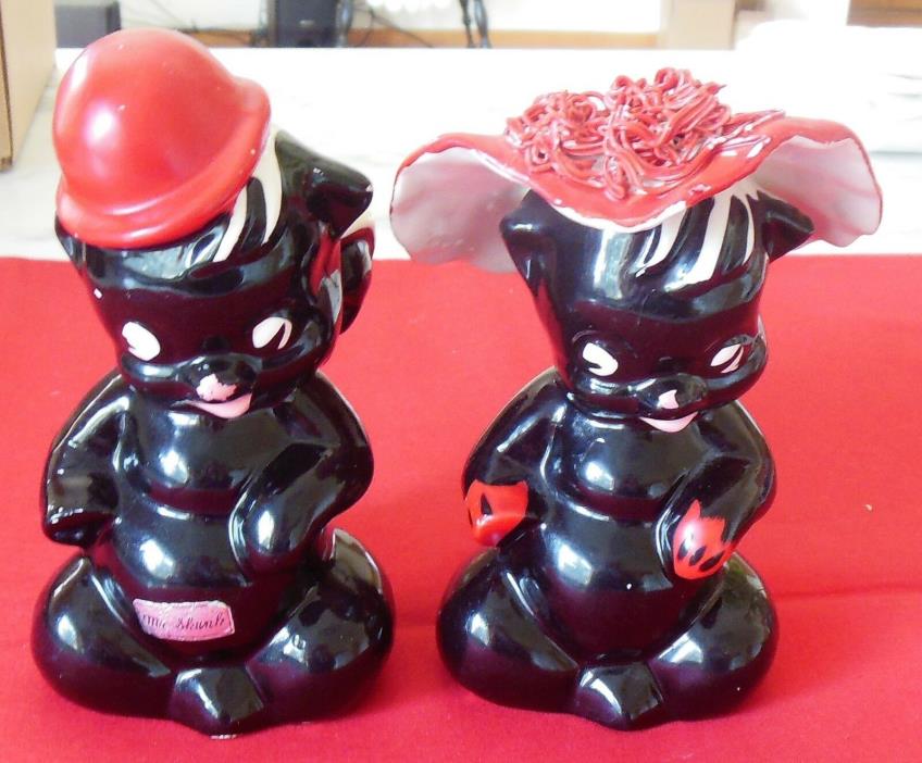 DeLee Art Pottery Matching Pair Red & Black Mr. & Mrs. Skunk Vases c1940s