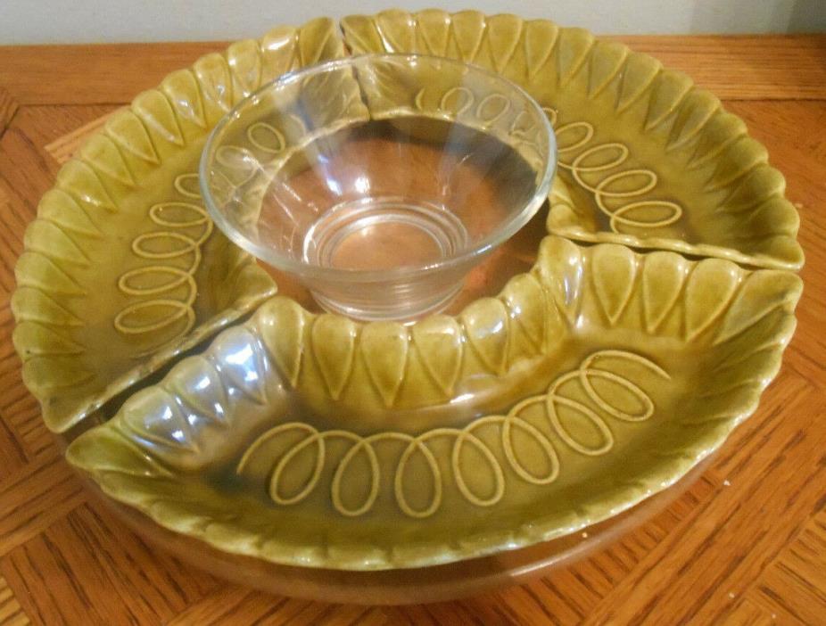 California USA L56 Pottery Green Brown Swirl Design  50's VTG Ceramic Dish Leaf
