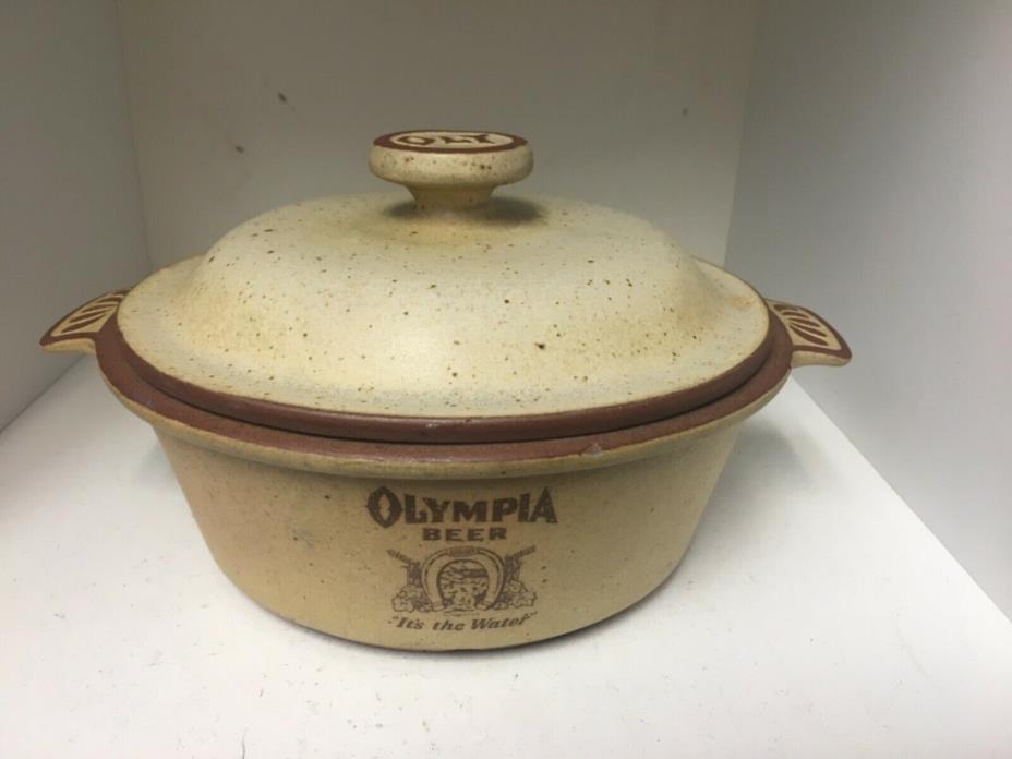 Vintage Olympia Beer Pottery Casserole Dish with Lid Oven Proof California USA