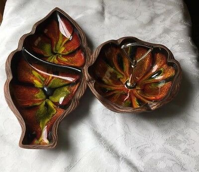 2 Swirl Sequoia Ware California Pottery - Leaf Dish & Handled Candy Nut Dish