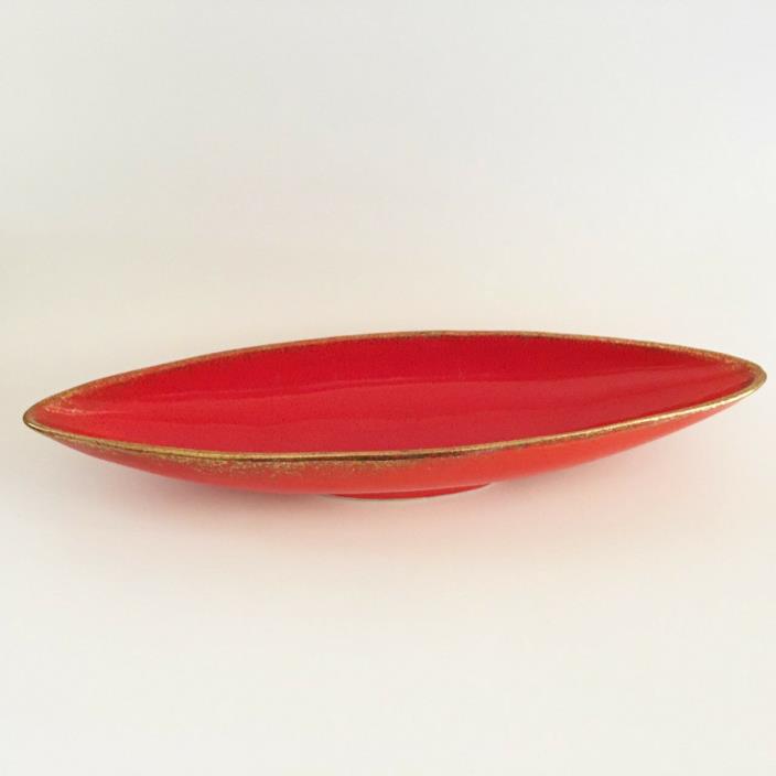 Vintage California Pottery Long Dish Bowl F-23, Orange Red & Gold, Made in USA