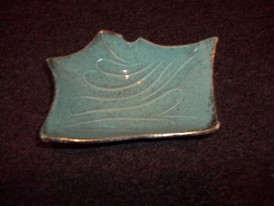 vintage #408 odd shape candy dish ceramic aqua paint gold specs very retro cobo
