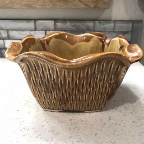 Vintage California Orig 845 Pottery Drip Glaze Brown Yellow Bowl Planter Dish